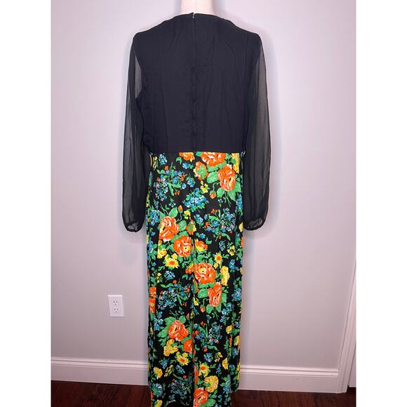 1970s JCPenney Fashions Sheer Black Rainbow Floral Dark Romantic Maxi Dress L - Picture 11 of 11